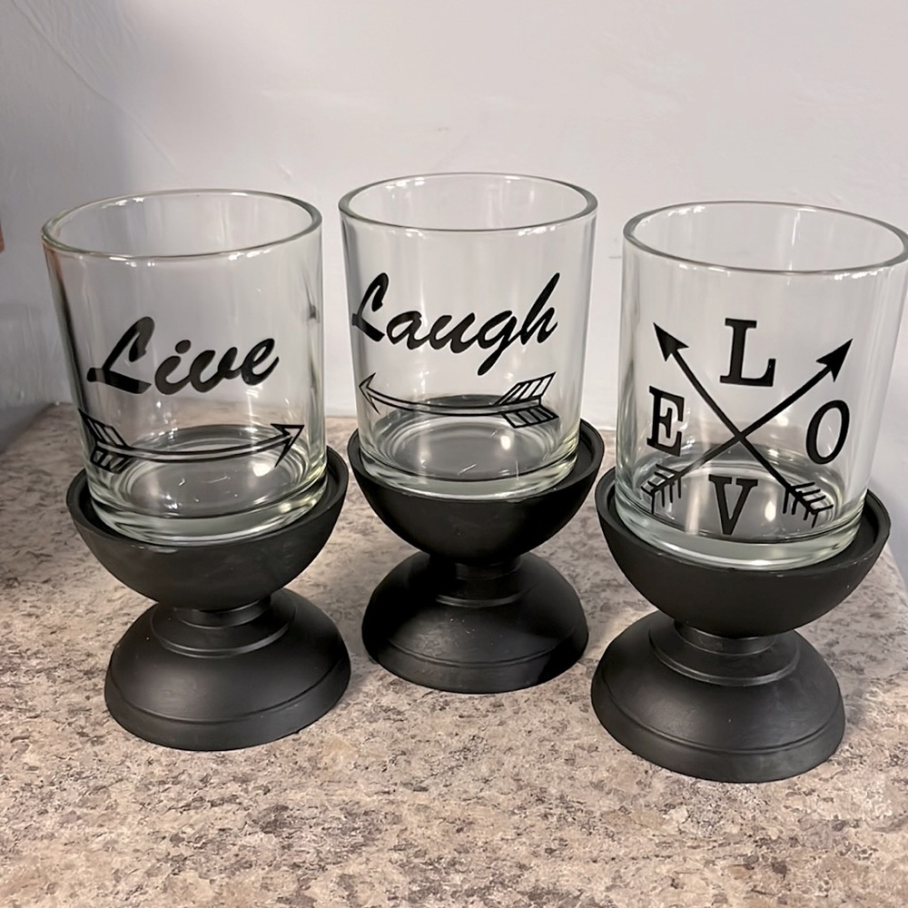 Candle holder set, Live,Love,Laugh” in box.